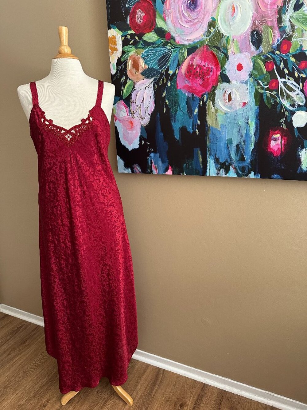 L.A. II Burgundy Satin Jacquard Full Slip Gown M